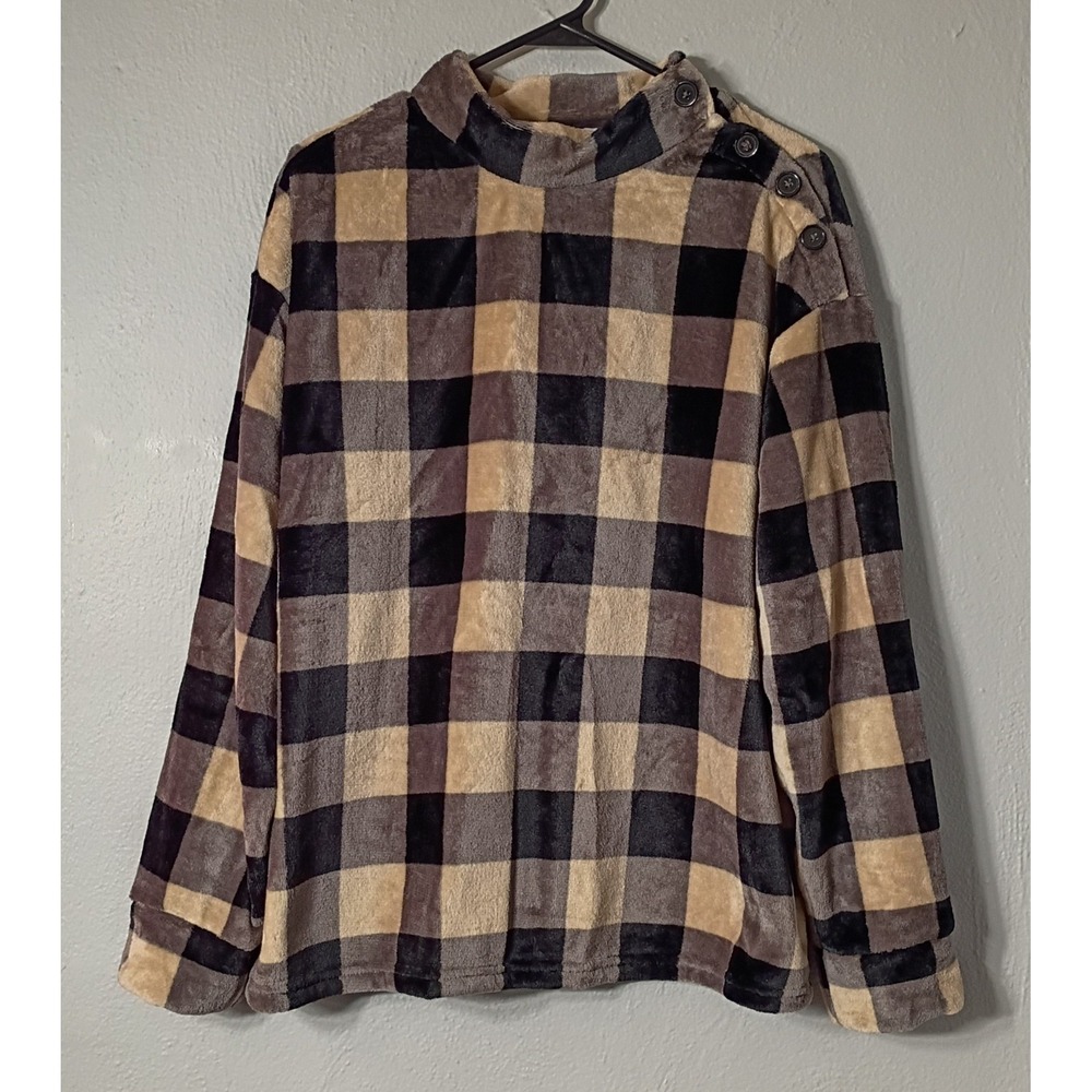 Emily Daniels Sz L Buffalo Plaid Checkerboard Minky Fleece Sweater Button Accent - Picture 2 of 11